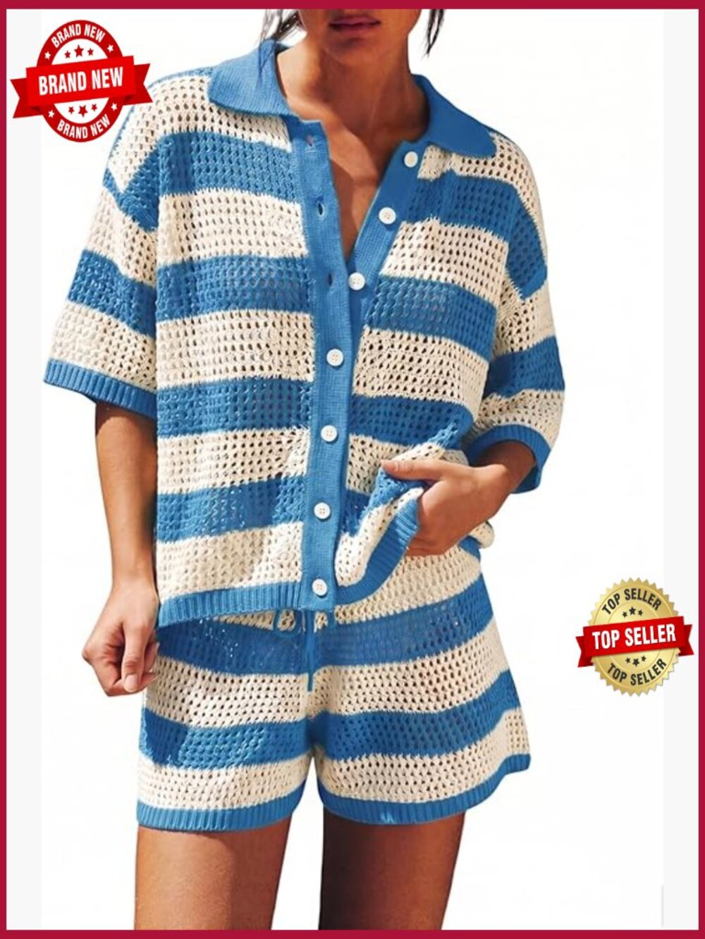 Crochet Knit 2 Piece Short Set - Summer Coverup Top and Shorts